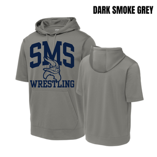 Dark Smoke Grey Seaman Vikings short sleeve hooded pullover with navy SMS, Viking head, and Wrestling design; front and back views