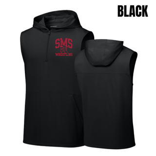 Black Seaman Vikings sleeveless hooded 1/4-zip with cardinal red SMS, Viking head, and Wrestling design; front and back views