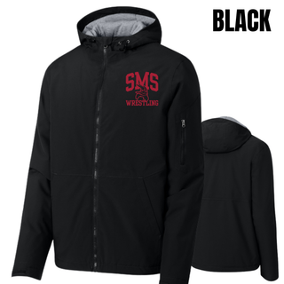 Black Seaman Vikings waterproof insulated jacket with cardinal red SMS, Viking head, and Wrestling design; front and back views
