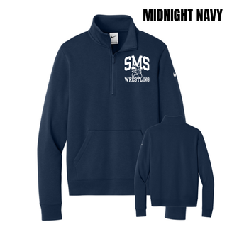 Midnight Navy Seaman Vikings women's Club Fleece Half-Zip with white SMS, Viking head, and Wrestling design; front and back views