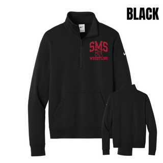 Black Seaman Vikings women's Club Fleece Half-Zip with cardinal red SMS, Viking head, and Wrestling design; front and back views