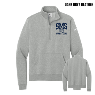 Dark Grey Heather Seaman Vikings women's Club Fleece Half-Zip with navy SMS, Viking head, and Wrestling design