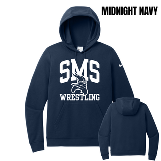 Midnight Navy Seaman Vikings women's Club Fleece hoodie with white SMS, Viking head, and Wrestling design; front and back views