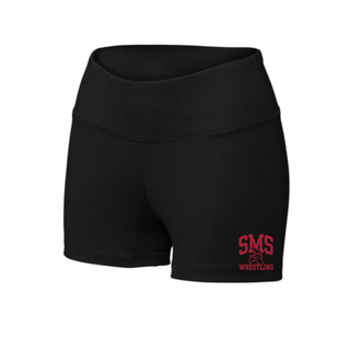 Black women's Interval performance shorts with the Seaman Vikings Middle School arched SMS, Viking head, and Wrestling design.
