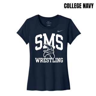 College Navy Seaman Vikings women's rLegend tee with white SMS, Viking head, and Wrestling design