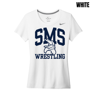 White Seaman Vikings women's rLegend tee with navy SMS, Viking head, and Wrestling design
