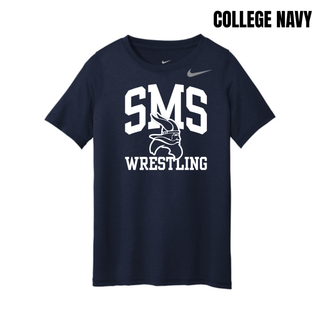 College Navy Seaman Vikings youth rLegend tee with white SMS, Viking head, and Wrestling design