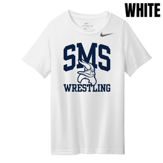 White Seaman Vikings youth rLegend tee with navy SMS, Viking head, and Wrestling design