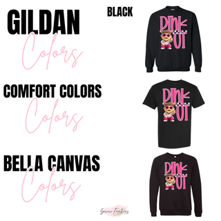 Seaman Vikings Pink Out Mascot Top shown in black on Gildan, Comfort Colors, and Bella Canvas blanks