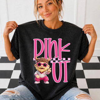 Seaman Vikings Pink Out Mascot Top - black tee with Pink Out bubble lettering, checkered stripe, and Viking mascot in horned helmet, star sunglasses, and pink tracksuit