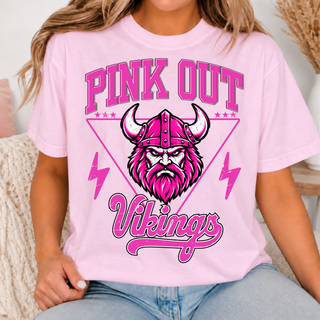 Model wearing a pink Seaman Vikings Pink Out top with a Viking head graphic and Vikings script