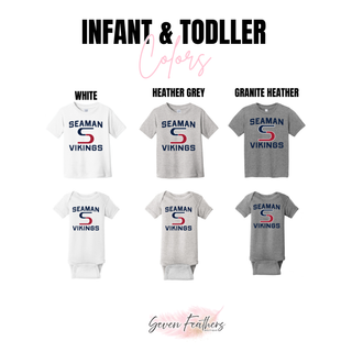 Seaman Vikings infant and toddler tees and onesies in white, heather grey, and granite heather
