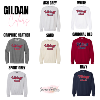 Seaman Vikings Scripty Rally Gildan crewneck in ash grey, white, graphite heather, sand, cardinal red, sport grey, and navy