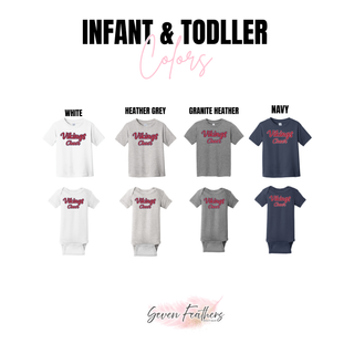 Seaman Vikings Scripty Rally infant tee and onesie in white, heather grey, granite heather, and navy