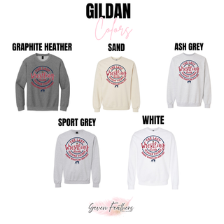 Gildan color chart showing Graphite Heather, Sand, Ash Grey, Sport Grey, and White crewnecks with the Seaman Vikings senior wrestling mom design