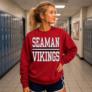 Seaman Vikings Stacked Petite Polka Dot Cardinal Red Top shown on a cardinal red crewneck sweatshirt