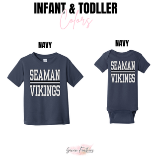 Seaman Vikings Stacked Petite Polka Dot Navy Top infant bodysuit and toddler tee options