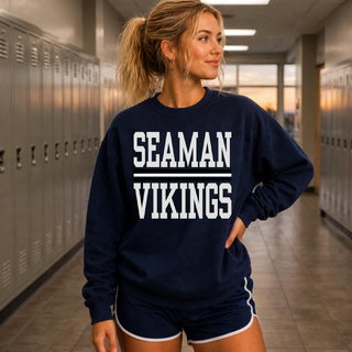 Seaman Vikings Stacked Petite Polka Dot Navy Top shown on a navy crewneck sweatshirt