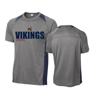 Grey heather and navy Seaman Vikings standout colorblock contender tee showing front and back views on white background
