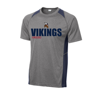 Grey heather and navy Sport-Tek Seaman Vikings standout colorblock contender tee front view on white background
