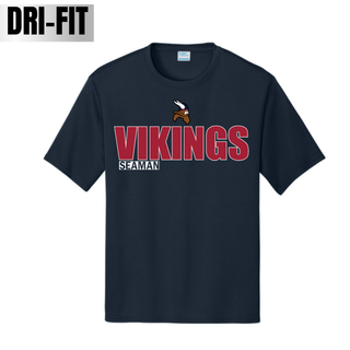 Deep navy dri-fit performance tee with Seaman Vikings standout mascot graphic in red and white on white background
