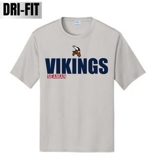 Silver dri-fit performance tee with Seaman Vikings standout mascot graphic in navy and red on white background
