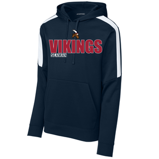 Navy and white Sport-Tek Seaman Vikings standout fan favorite colorblock hoodie with mascot graphic on front
