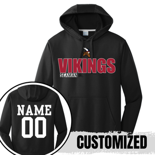 Black Seaman Vikings standout performance hoodie showing customized name and number 00 on back

