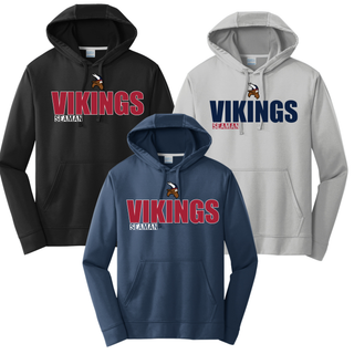 Seaman Vikings standout performance hoodie in black, navy, and silver with mascot graphic on front on white background

