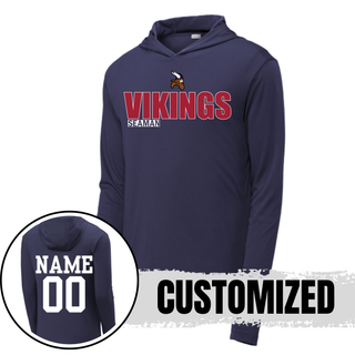 Deep navy Seaman Vikings standout PosiCharge Competitor Hoodie showing customized name and number 00 on back
