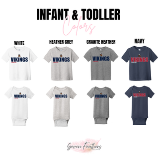 Seaman Vikings standout infant and toddler tees and onesies in white, heather grey, granite heather, and navy
