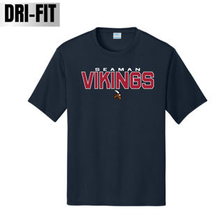 Seaman Vikings The Viking Stand deep navy dri-fit performance top with bold block Seaman Vikings lettering and mascot
