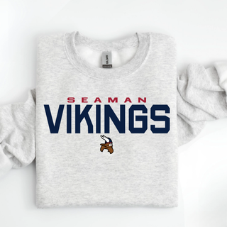 Seaman Vikings The Viking Stand Graphic Top ash grey crewneck with bold block Seaman Vikings lettering and mascot
