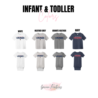 Seaman Vikings The Viking Stand infant tee and onesie in white, heather grey, granite heather, and navy
