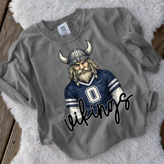 Grey crewneck sweatshirt with viking mascot in navy jersey, Seaman Vikings Topeka Kansas spirit wear
