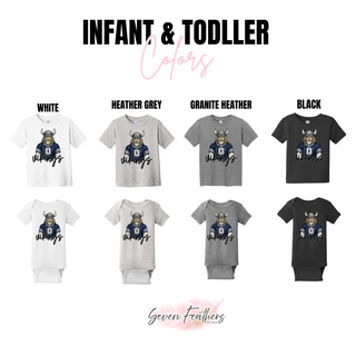 Infant and toddler chart for Seaman Vikings navy jersey top in white, heather grey, granite heather, black
