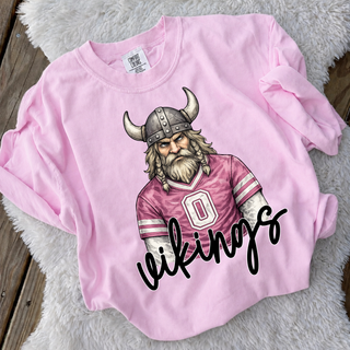 Pink crewneck sweatshirt with viking mascot in pink jersey, Seaman Vikings Topeka Kansas spirit wear
