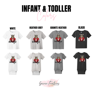 Infant and toddler chart for Seaman Vikings red jersey top in white, heather grey, granite heather, black
