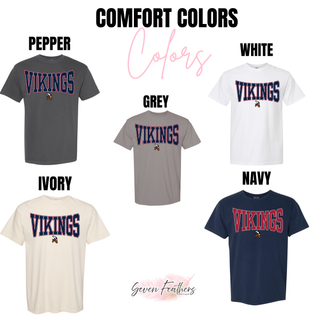 Seaman Vikings Varsity Arch Pride Comfort Colors tee in pepper, grey, white, ivory, and navy
