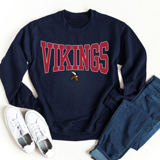 Seaman Vikings Varsity Arch Pride navy crewneck with arched Vikings lettering and mascot design
