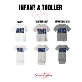 Seaman Vikings infant and toddler tees and onesies in white, heather grey, and granite heather
