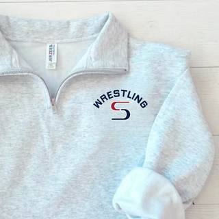 Ash grey cadet quarter-zip flat lay with navy arched Wrestling above a red and navy S logo on the left chest