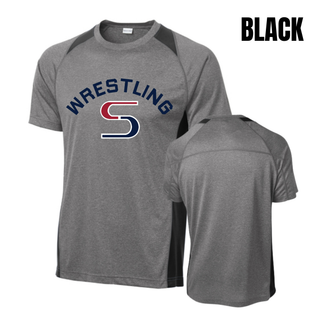 Heather grey Colorblock Contender Tee with black colorblock panels and navy arched Wrestling above a red and navy S logo, shown from the front and back