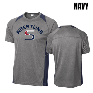 Heather grey Colorblock Contender Tee with navy colorblock panels and navy arched Wrestling above a red and navy S logo, shown from the front and back