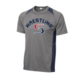Heather grey Colorblock Contender Tee with navy colorblock panels and navy arched Wrestling above a red and navy S logo