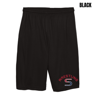 Black cooling performance shorts with red arched Wrestling above a red and navy S logo