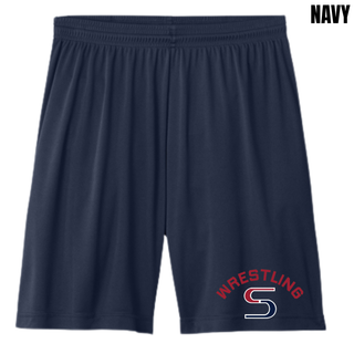 Navy cooling performance shorts with red arched Wrestling above a red and navy S logo