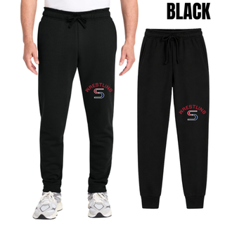 Black core fleece joggers with red arched Wrestling above a red and navy S logo on the leg