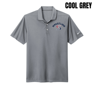 Cool Grey Dri-FIT Micro Pique polo with navy arched Wrestling above a red and navy S logo