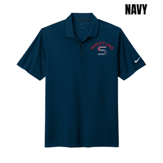 Navy Dri-FIT Micro Pique polo with red arched Wrestling above a red and navy S logo